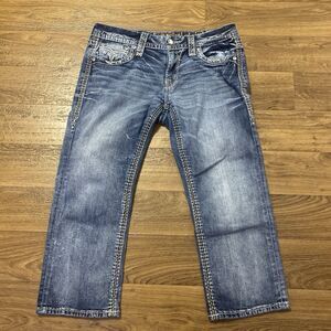 Rock Revival Womens Blue Denim Capris Jillian Capri Embroidered Rhinestone Sz 31